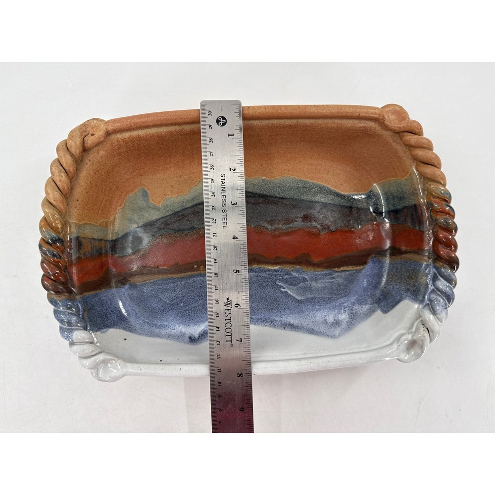 Studio Pottery Signed Rectangular Tray Multi-Color Glaze Rope Edge Stoneware - Picture 4 of 4